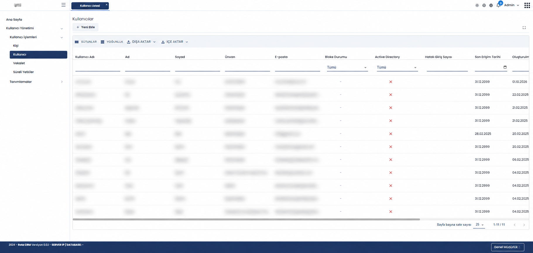 Kullanıcı Yönetimi Rota CRM ekranı