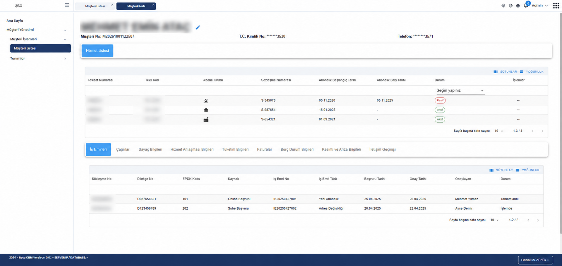 Müşteri Yönetimi Rota CRM ekranı