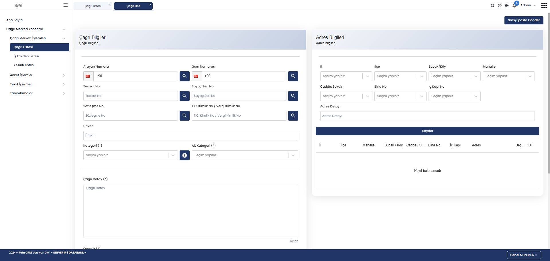 Çağrı Merkezi Yönetimi Rota CRM ekranı