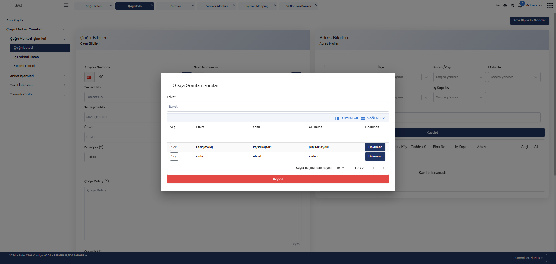 Bilgi ve İçerik Rota CRM ekranı