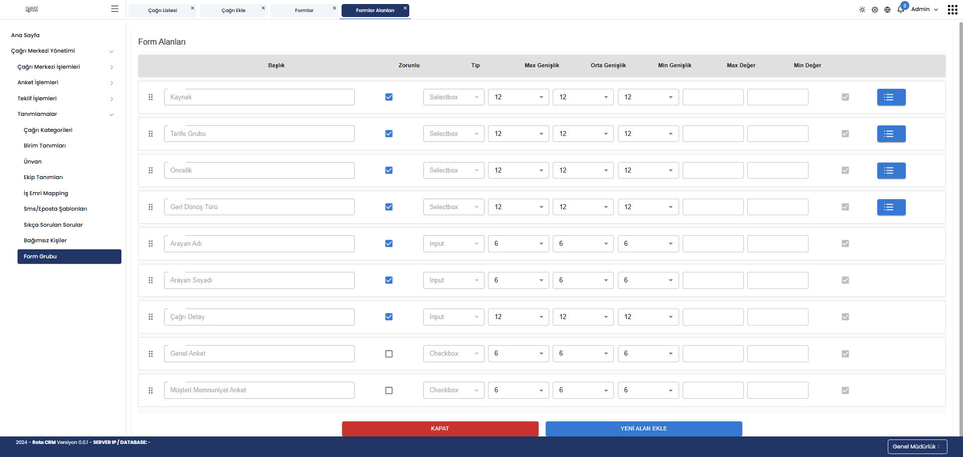 Dinamik Formlar Rota CRM ekranı