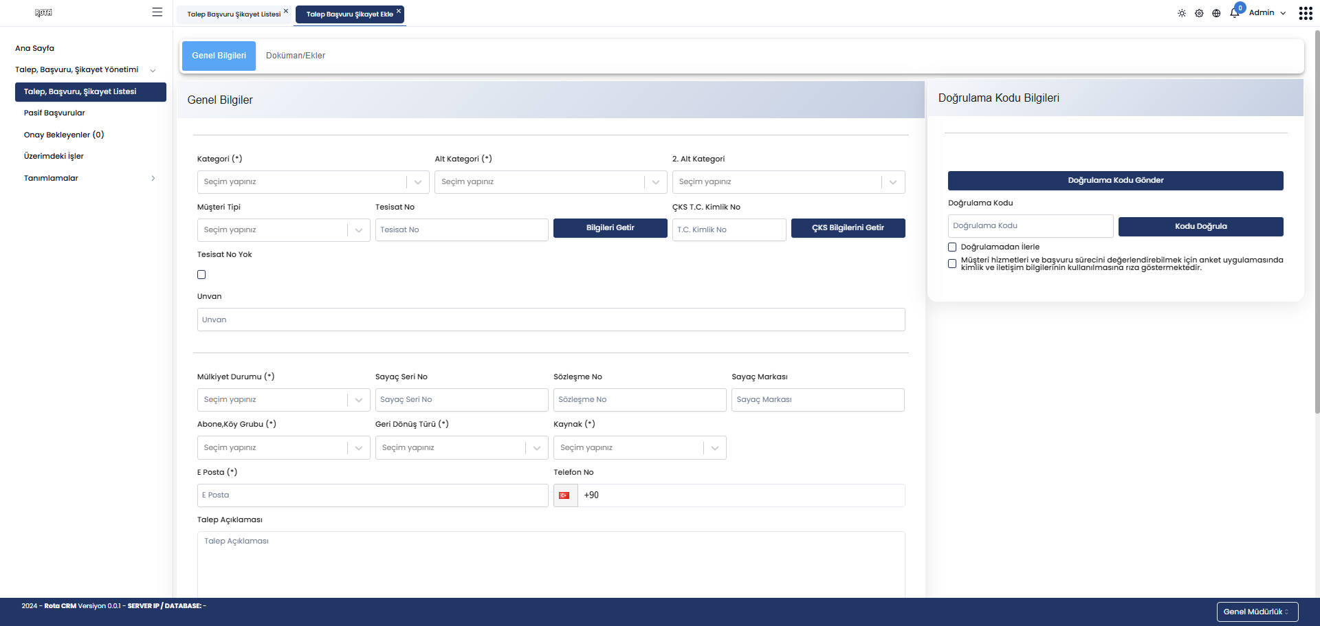 Talep, Başvuru ve Şikayet Yönetimi Rota CRM ekranı