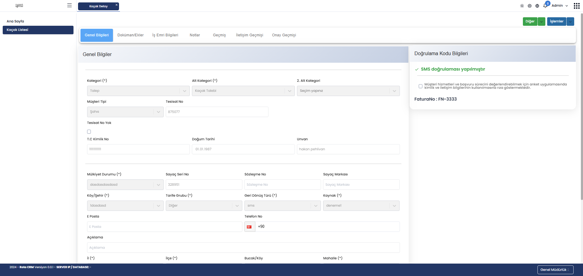 Kaçak Yönetimi Rota CRM ekranı