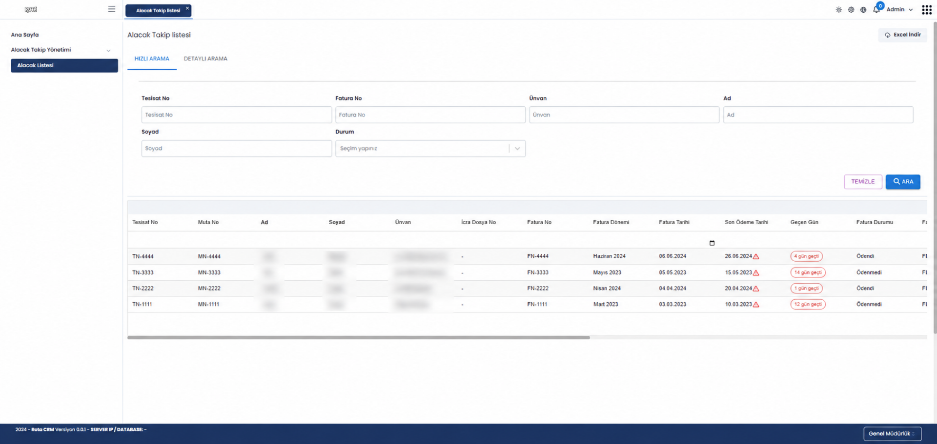 Alacak Takip Yönetimi Rota CRM ekranı