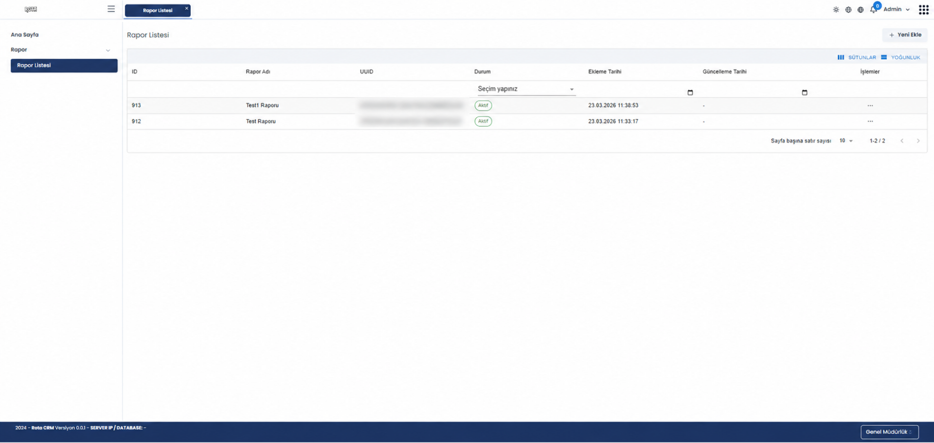 Raporlar Rota CRM ekranı